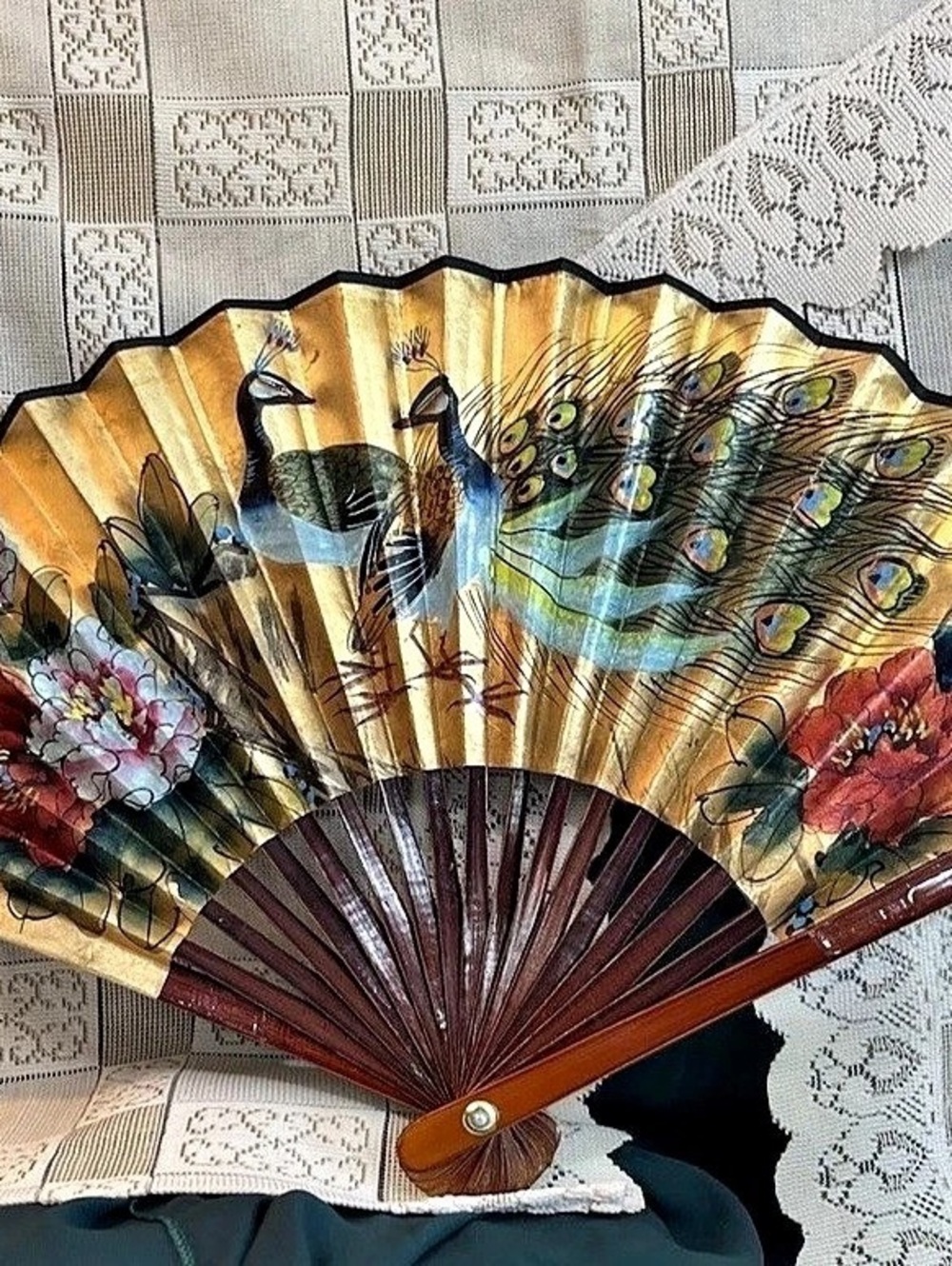 Gold & Brown Decorative Peacock Folding Fan